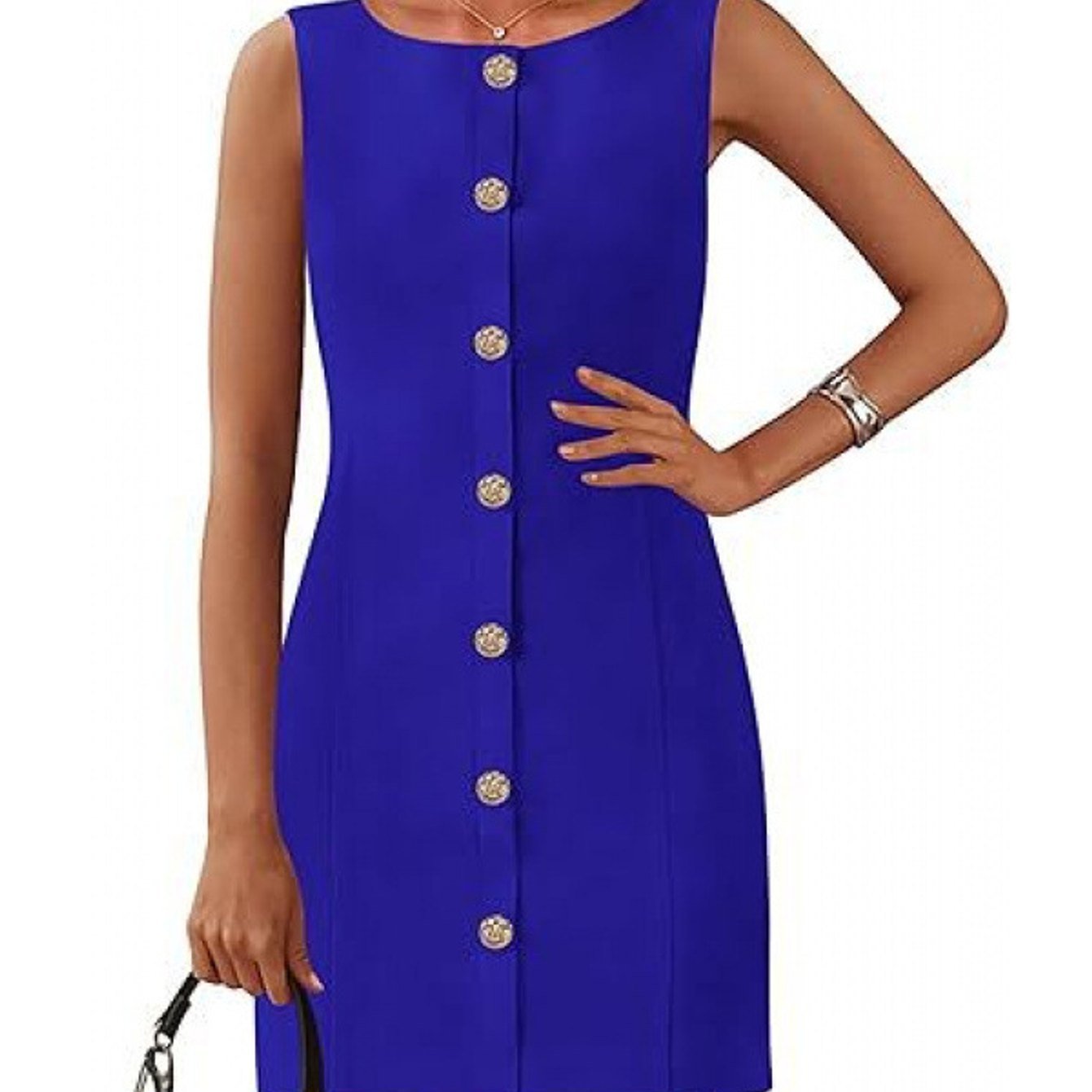 Women's Sleeveless Round Neck Button-front Solid Color Short Dress