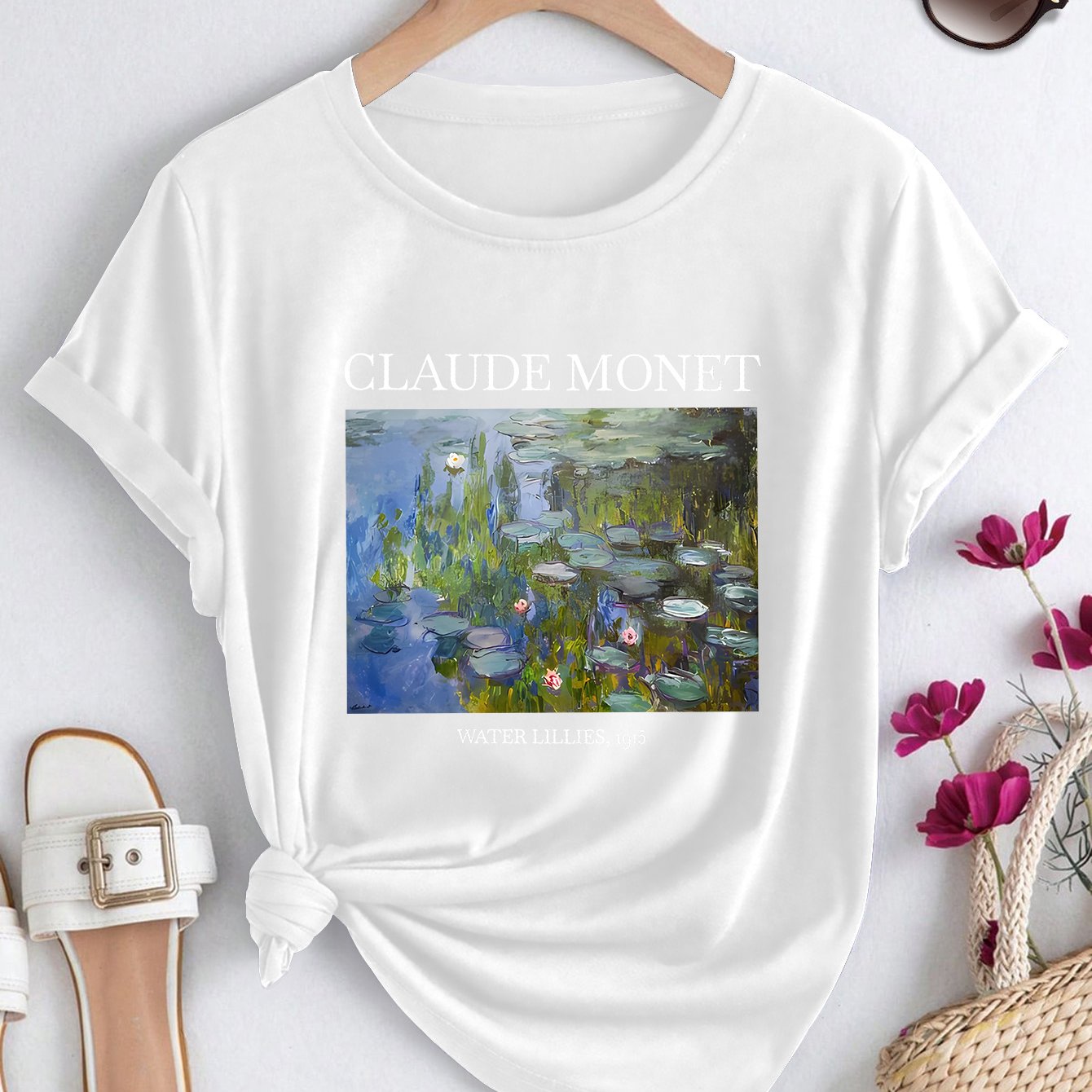 TEMU Women's Elegant Short Sleeve Water Lilies Painting Print Spring Summer Autumn Round Neck T-shirt, Fashion Casual Athletic Daily Vacation
