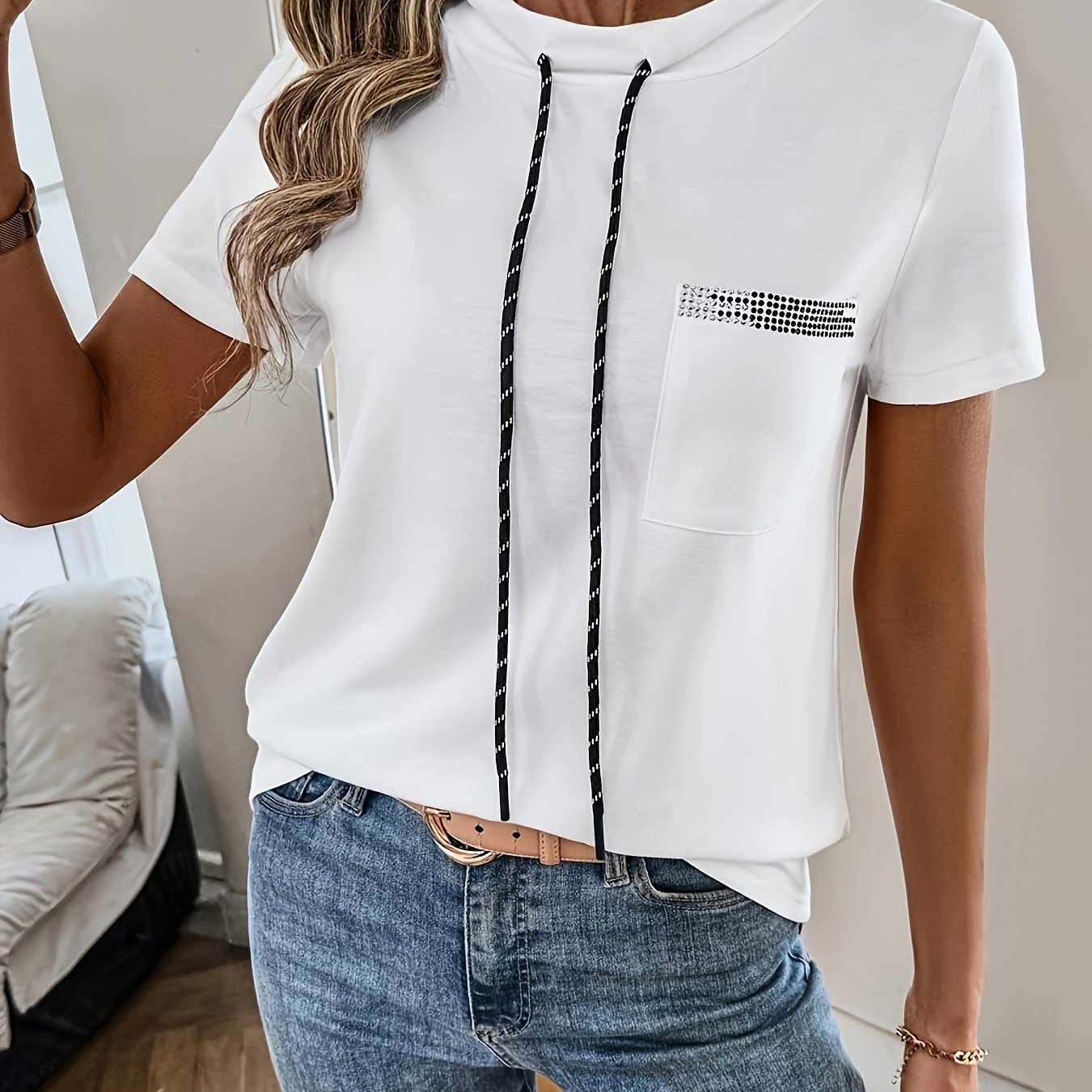 Image of Women's Casual T-shirt Top, With Pocket, Rhinestone Design, And Drawstring, Daily Casual Niannian