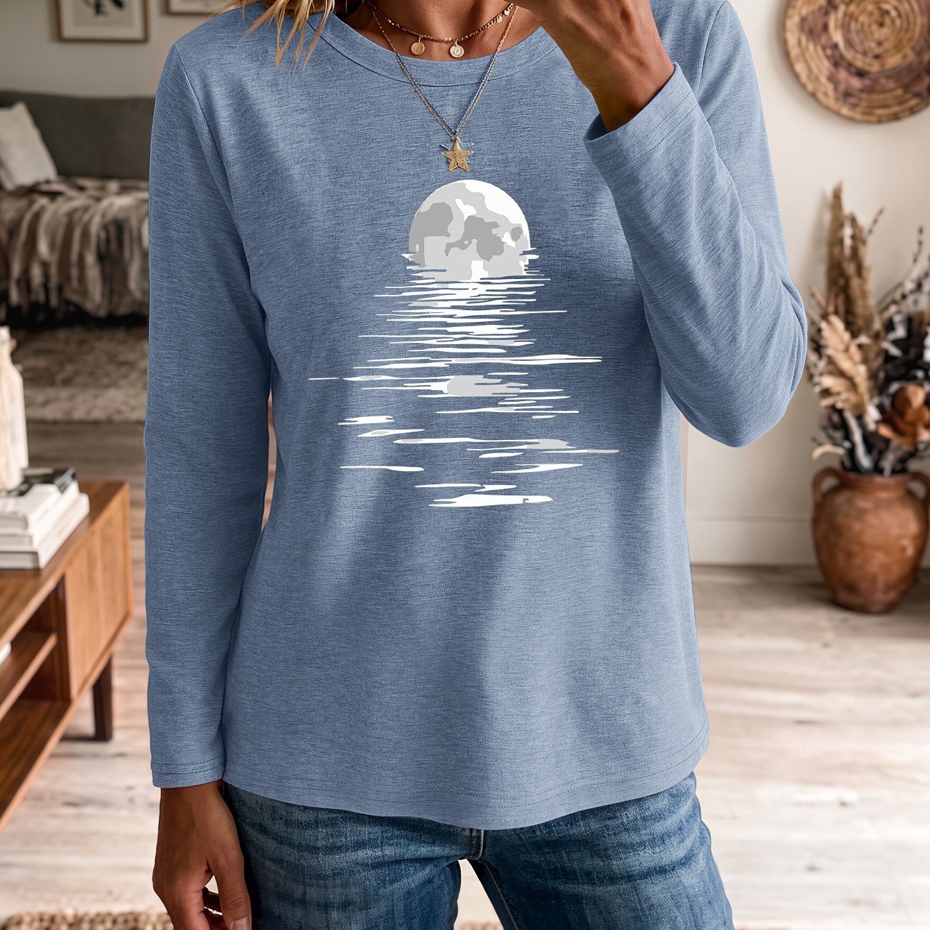 TEMU Long-sleeve T-shirt With Moon Over Water Pattern Print, Refreshing And Breathable, Comfortable And Sweat-absorbent, Suitable For Daily Commutes,