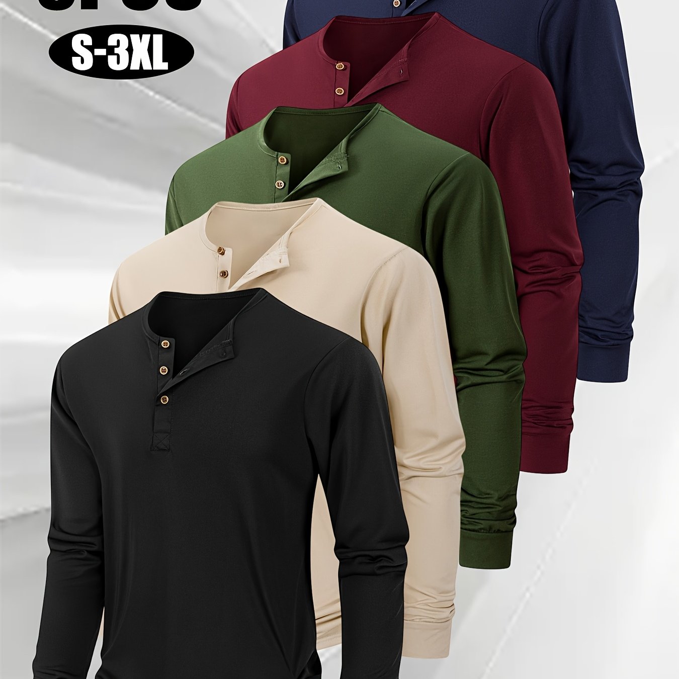 TEMU 5-pc Men's Casual Long Sleeve T-shirts | Solid Color Crew Neck With Button Details, Machine Washable, Perfect For Spring/fall