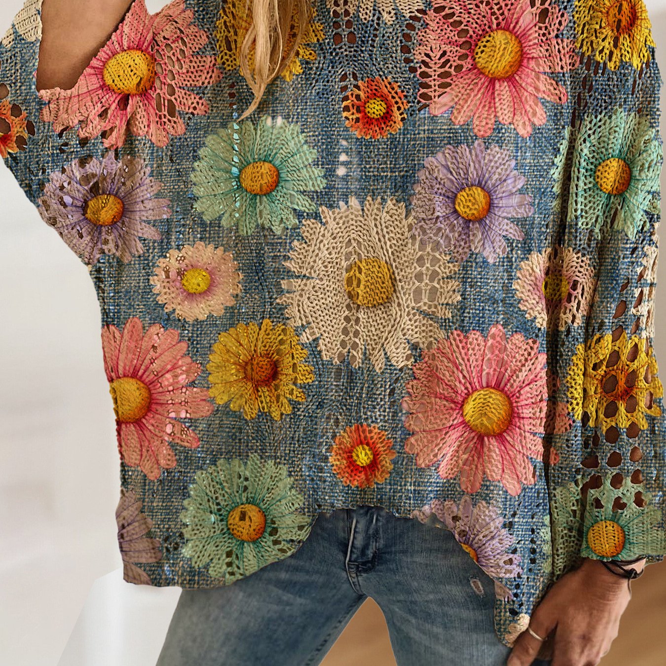TEMU Spring Summer Elegant Women' Neck Diamond Hollow Batwing Drop Shoulder Loose Floral Print Long Sleeve Top, Casual Elegant Sweater, Loose Batwing