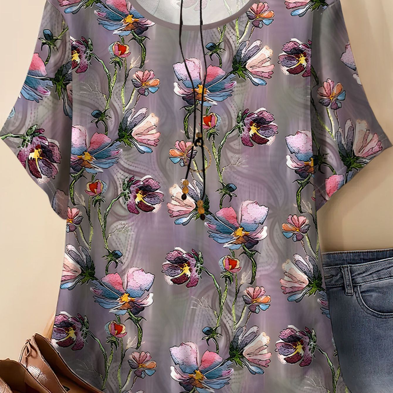 TEMU Plus-size Women's Printed Short-sleeve Top, Loose And Flattering For Summer, Stylish And Versatile, Breathable And Lightweight