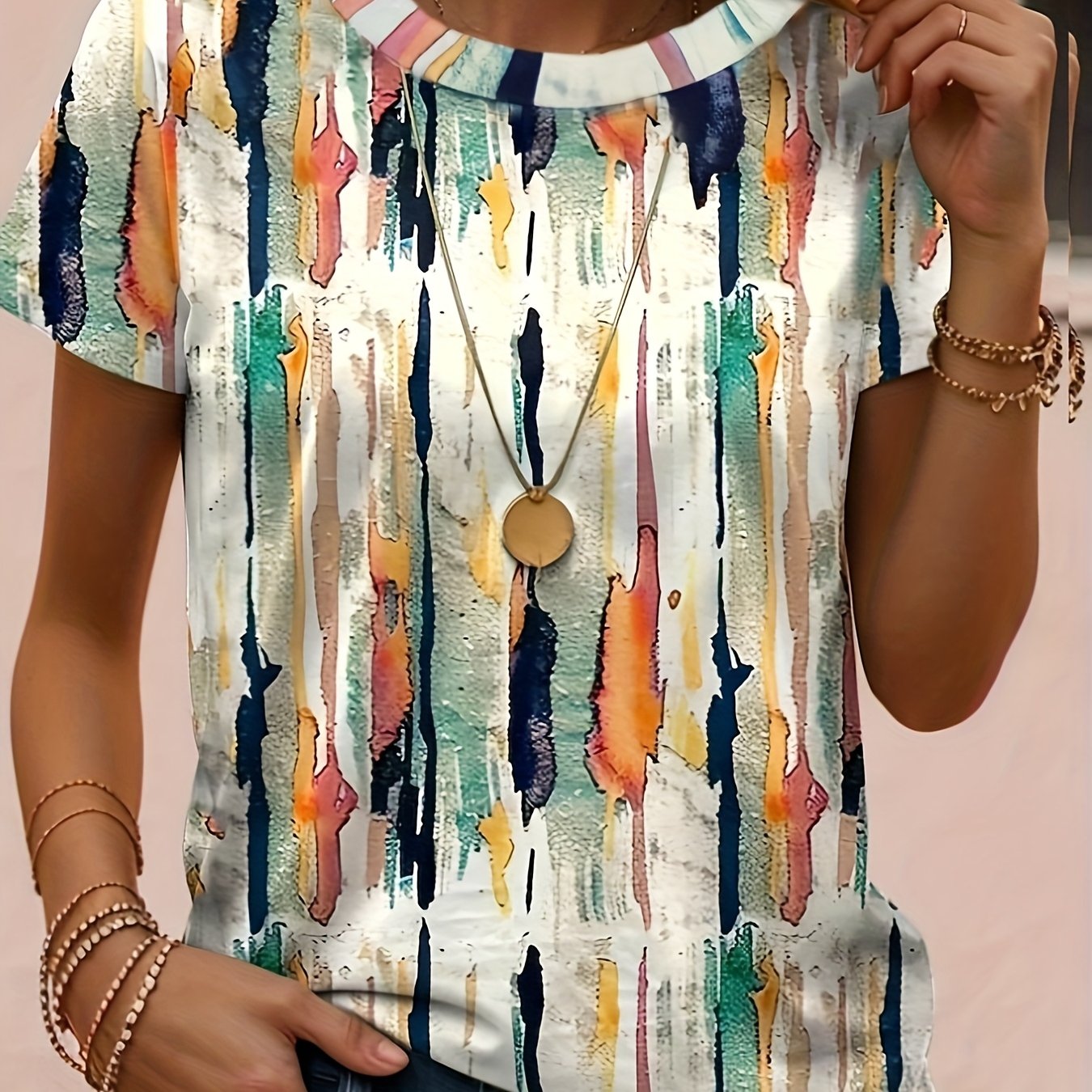 E-shop Damen T-Shirt mit Grafik, geometrischen Streifen, Retro-Mode, klassisches Kurzarm-Oberteil mit Rundhalsausschnitt und normalem Schnitt