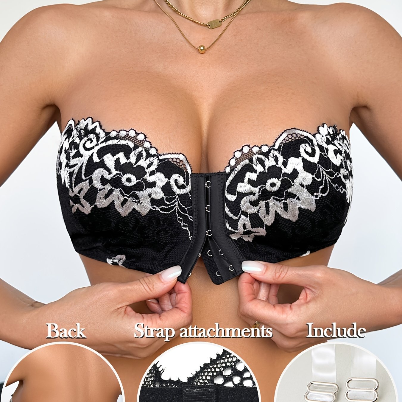 Image of Women's Strapless Bra - Sexy Floral Lace Underwire-free Bra, Removable Sheer Straps, Spring Summer Women's Lingerie For Daily Wear