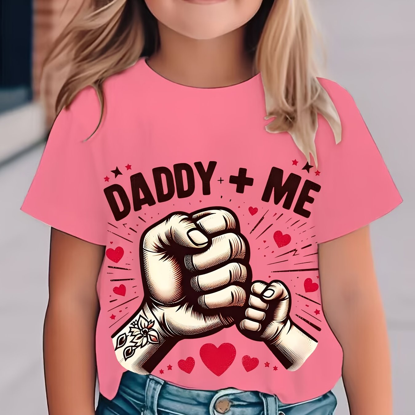 Image of Father's Day Dad And Me Summer Parent-child Outdoor Sports Kids' Black, White, And Pink Fashionable Creative Short-sleeve T-shirt With Cute Girl Print