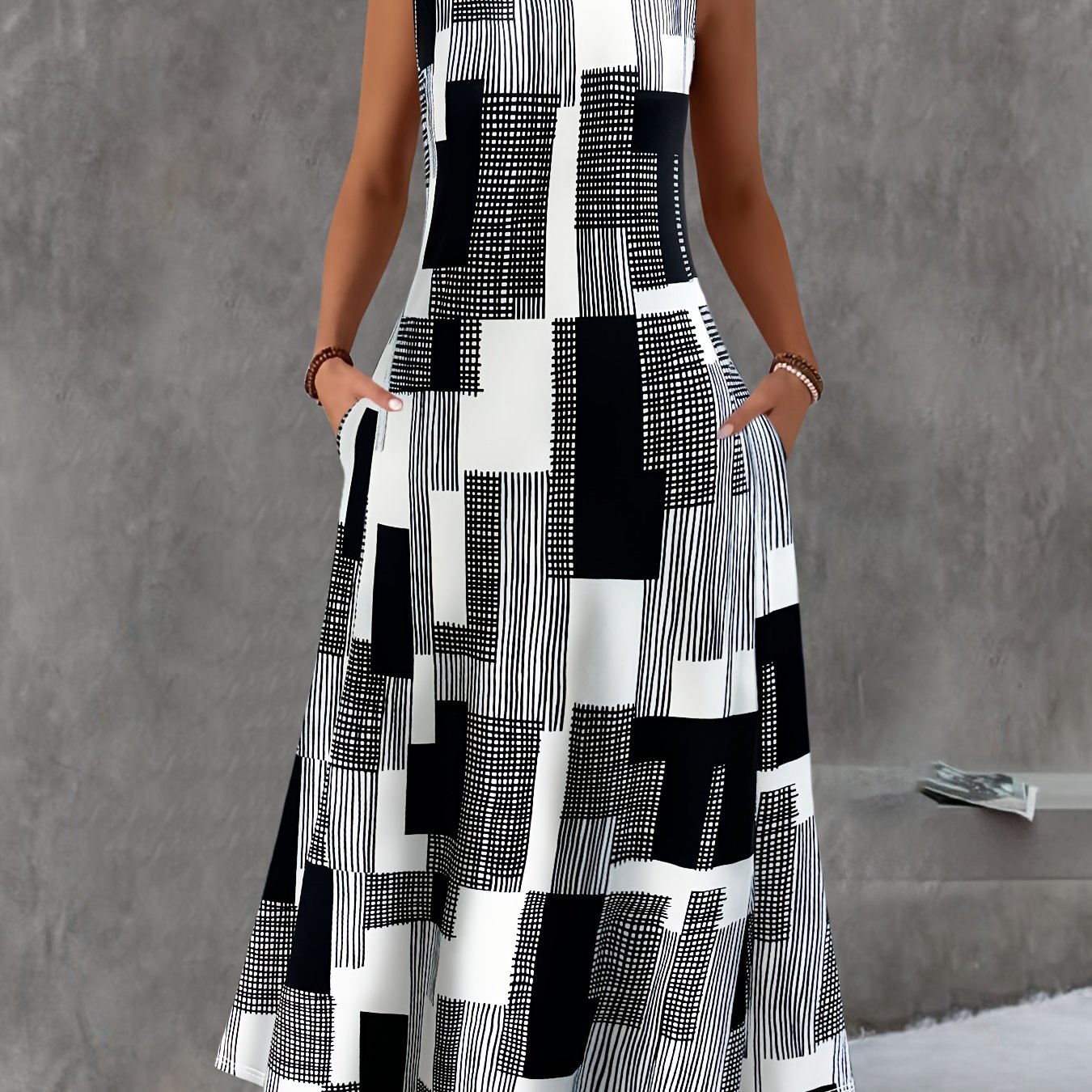 Image of Summer Women's Fashion Striped Print Sleeveless Vest Dress Round Neck Pocket Casual Dress Women's Clothing