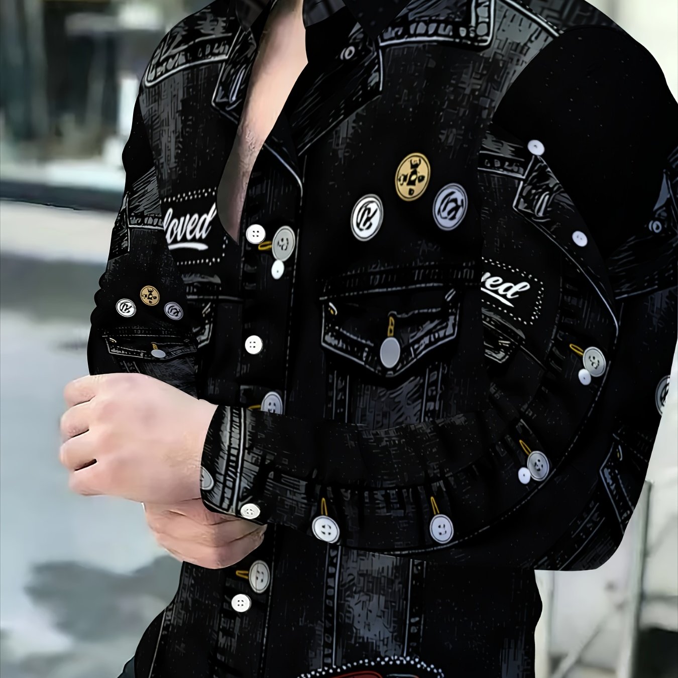 TEMU Camicia a maniche lunghe in tessuto non denim e non texturizzato con design stampa 3D, patch vintage da , top a maniche lunghe in stile moto