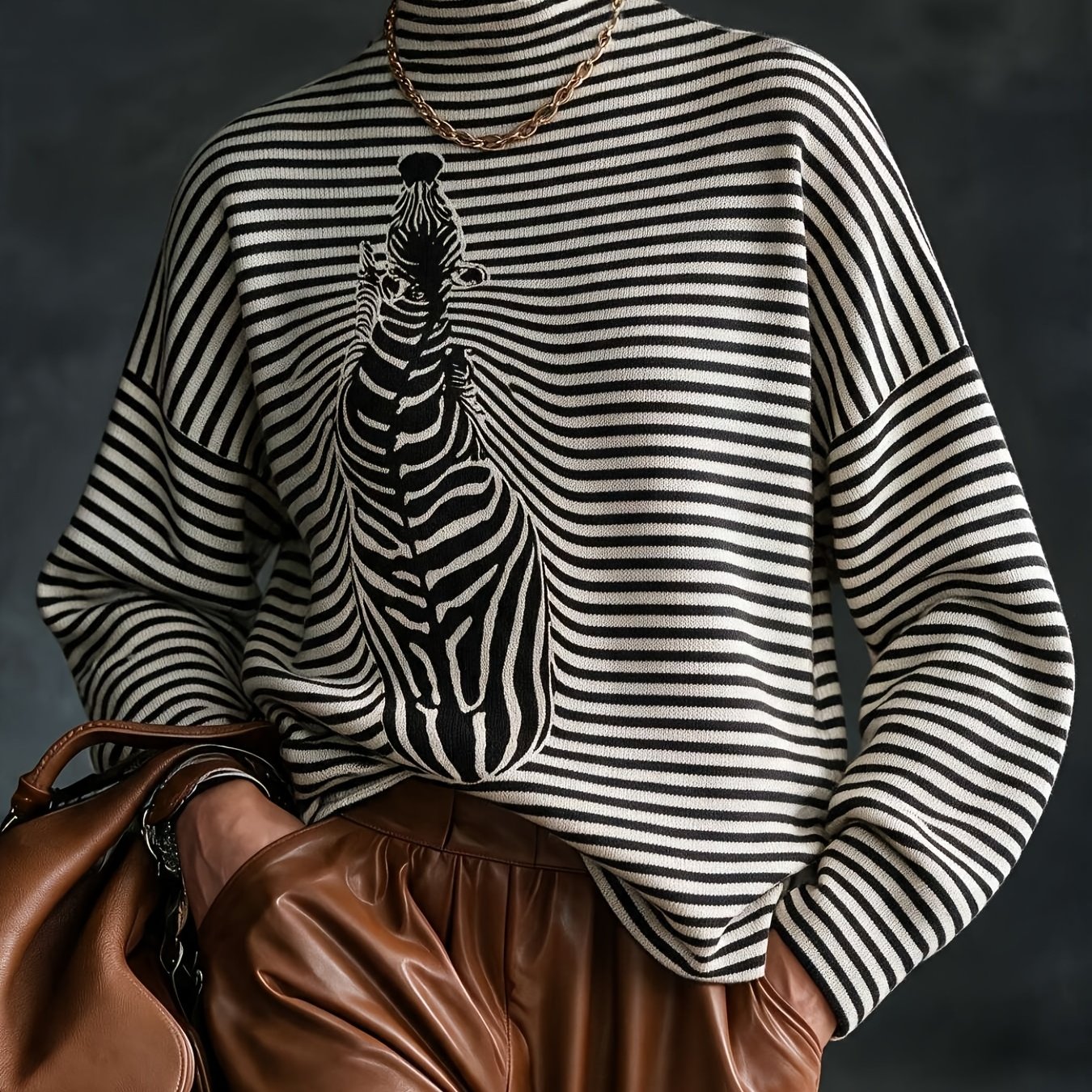 TEMU Plus Size, Women's Plus Size Zebra Print Sweater - Elegant High Neck Pullover With Full-zebra Stripe , Cozy Winter Sweater Suitable For
