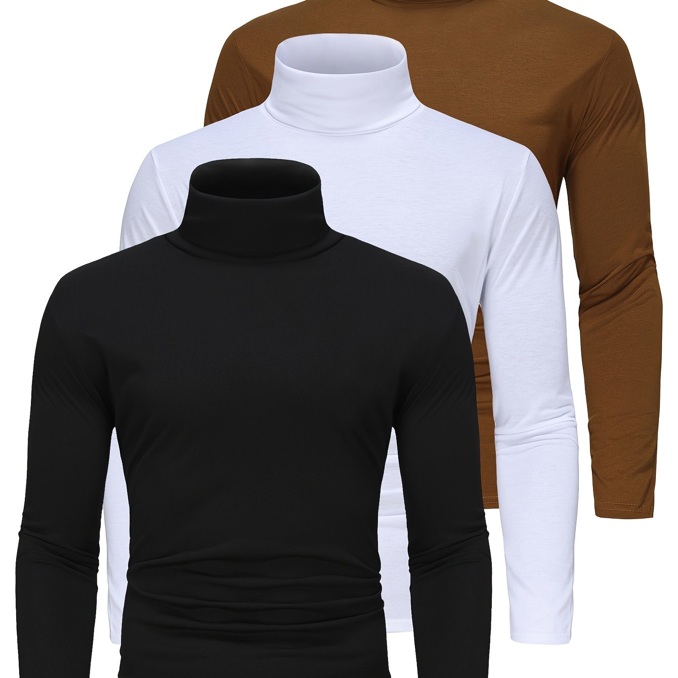 3-Pack *&#39;S High Neck Long Sleeve T-Shirts - Solid Color Stretch Knit Polyester Base Layer Shirts for Fall/*