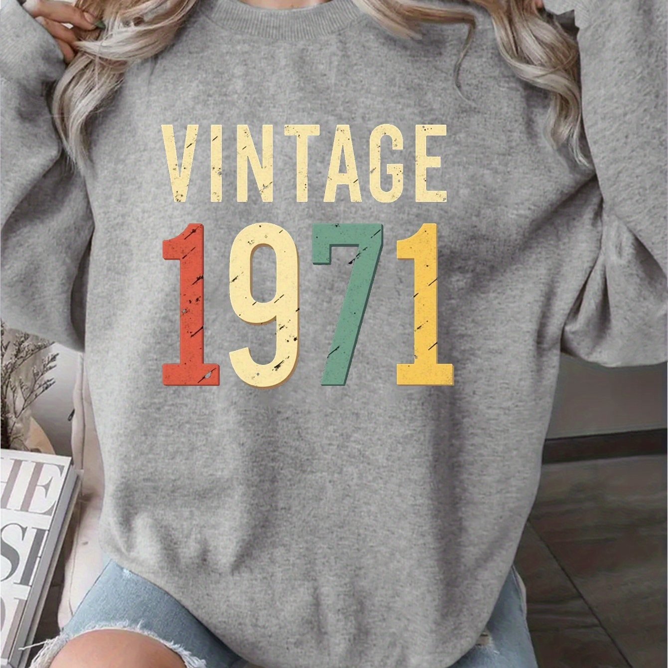 TEMU Vintage 1971 Design Graphic Print Sweatshirt, Crew Neck Casual Sweatshirt For Fall & Spring, Women's Clothing
