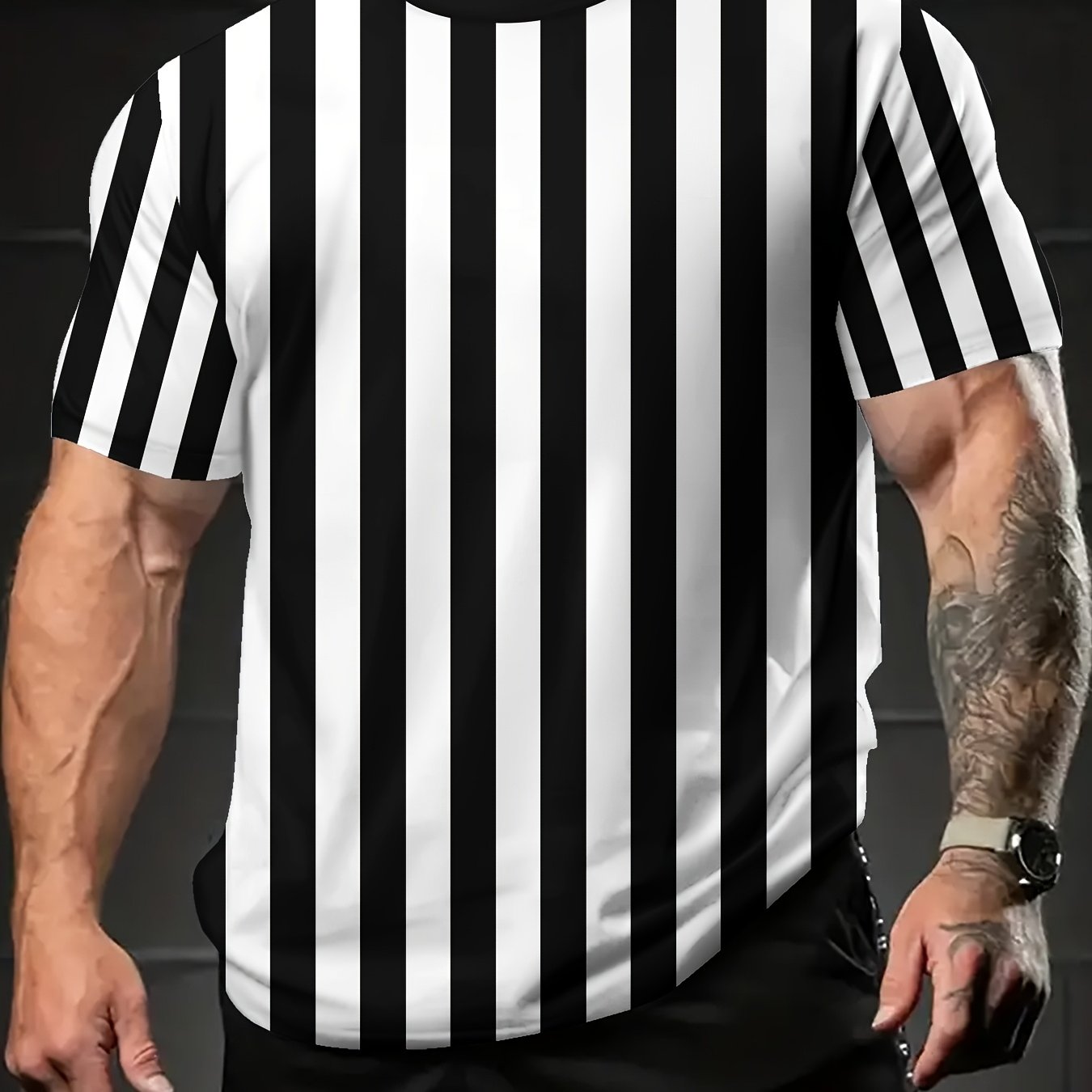 TEMU T-shirt d'arbitre respirant en pour homme - Coupe régulière athlétique épaisse à manches courtes et col ras du cou, rayures verticales noires et