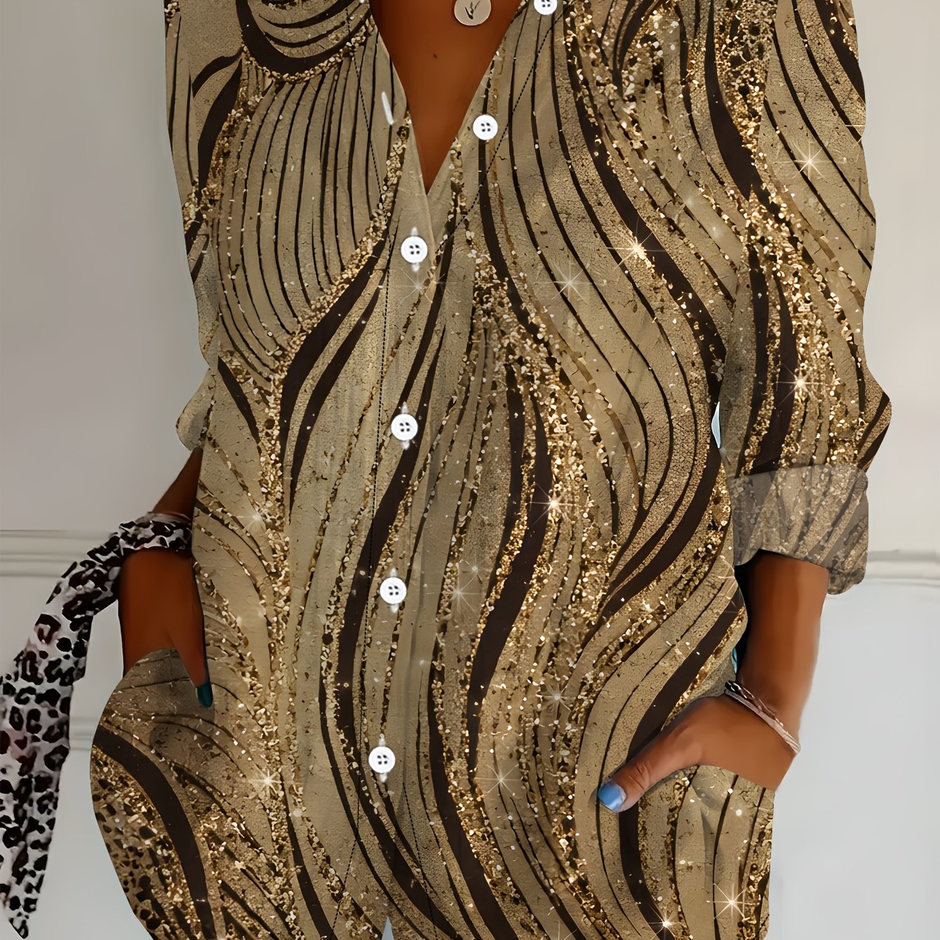 TEMU Plus Size - Plus Size - Plus Size Women's Long-sleeved Shirt Leopard Print Style Loose Print Shirt Shiny Golden Element Medium And Long Women's