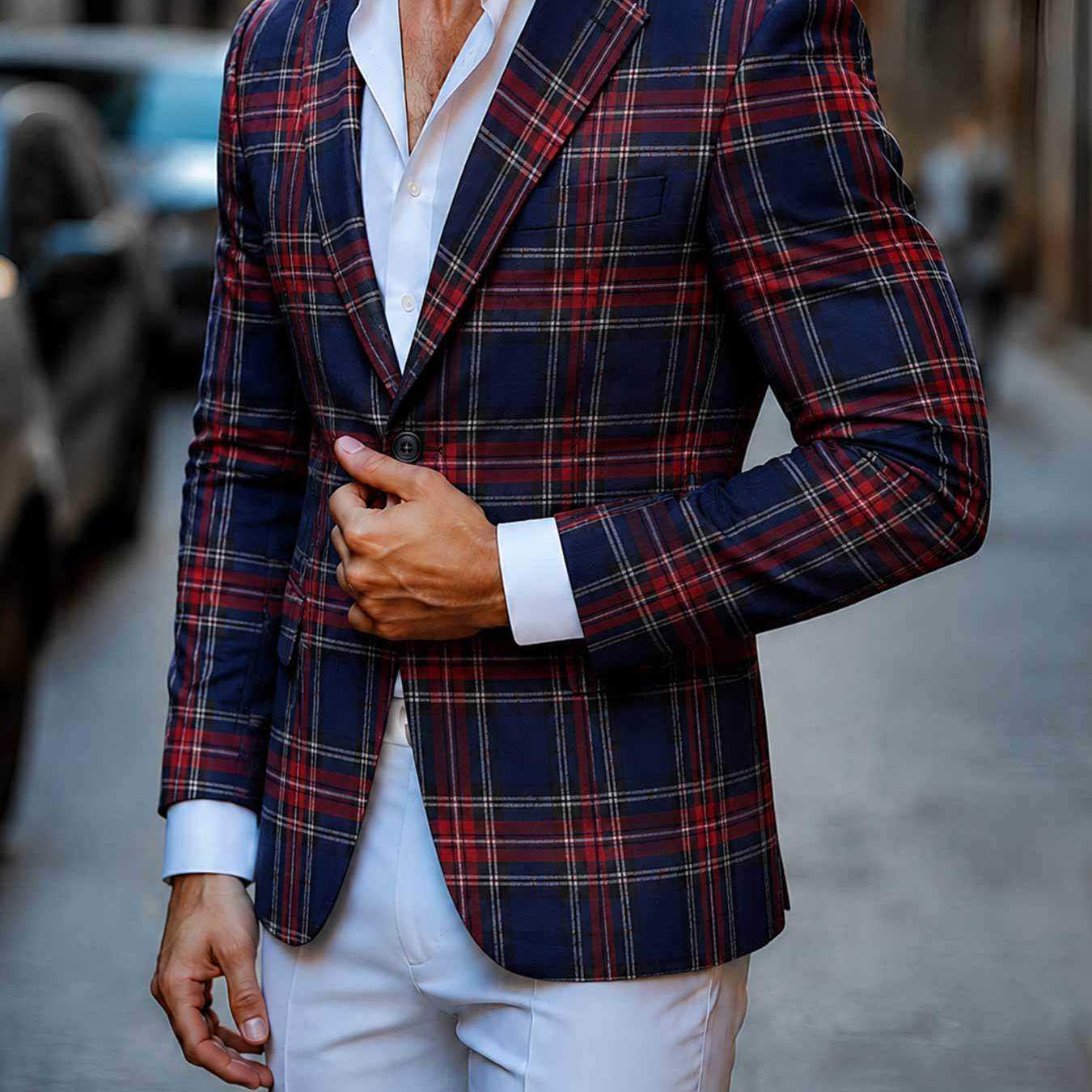 Image of Men's Navy Red Tartan Suit Blazer - Casual Jacket