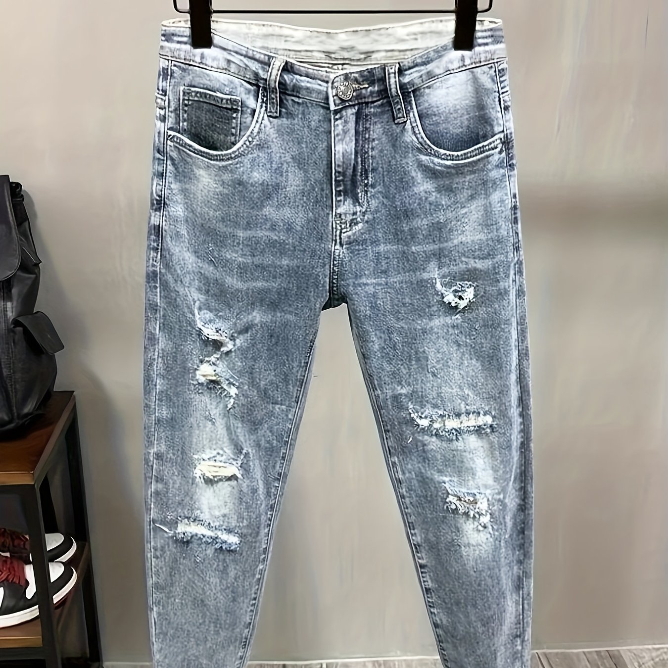 Image of Men's Skinny Jeans - Stretch Non-see-through Leg , Slim Fit Pants For Everyday & Formal Wear, Machine Washable Soft Denim Jeans For Men, Versatile Clothing, Comfortable Wear, Durable Stitching