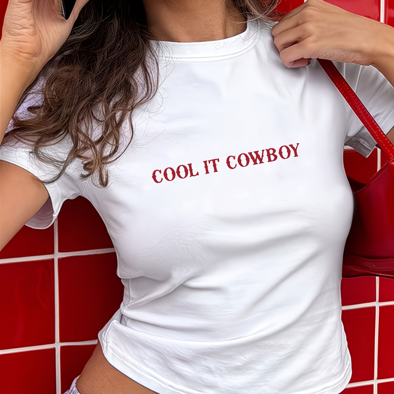 TEMU Vintage Slogan Crop Top With " Cowboy" Vintage-style English Print, Women's Short Sleeve Crop T-shirt Dates, Street Strolls, And , Latest