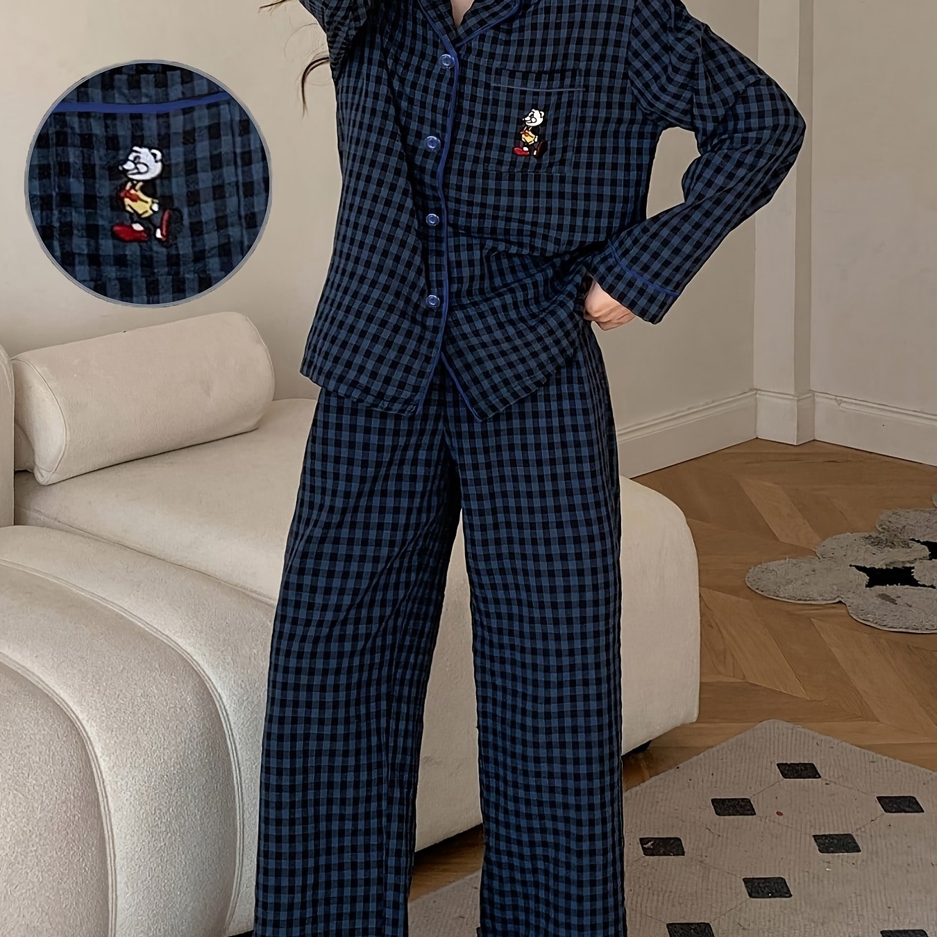 Image of Spring/autumn Cute Cartoon Pattern Pajama Set, Casual Lapel Wear Set, For Teenager, For Teenager