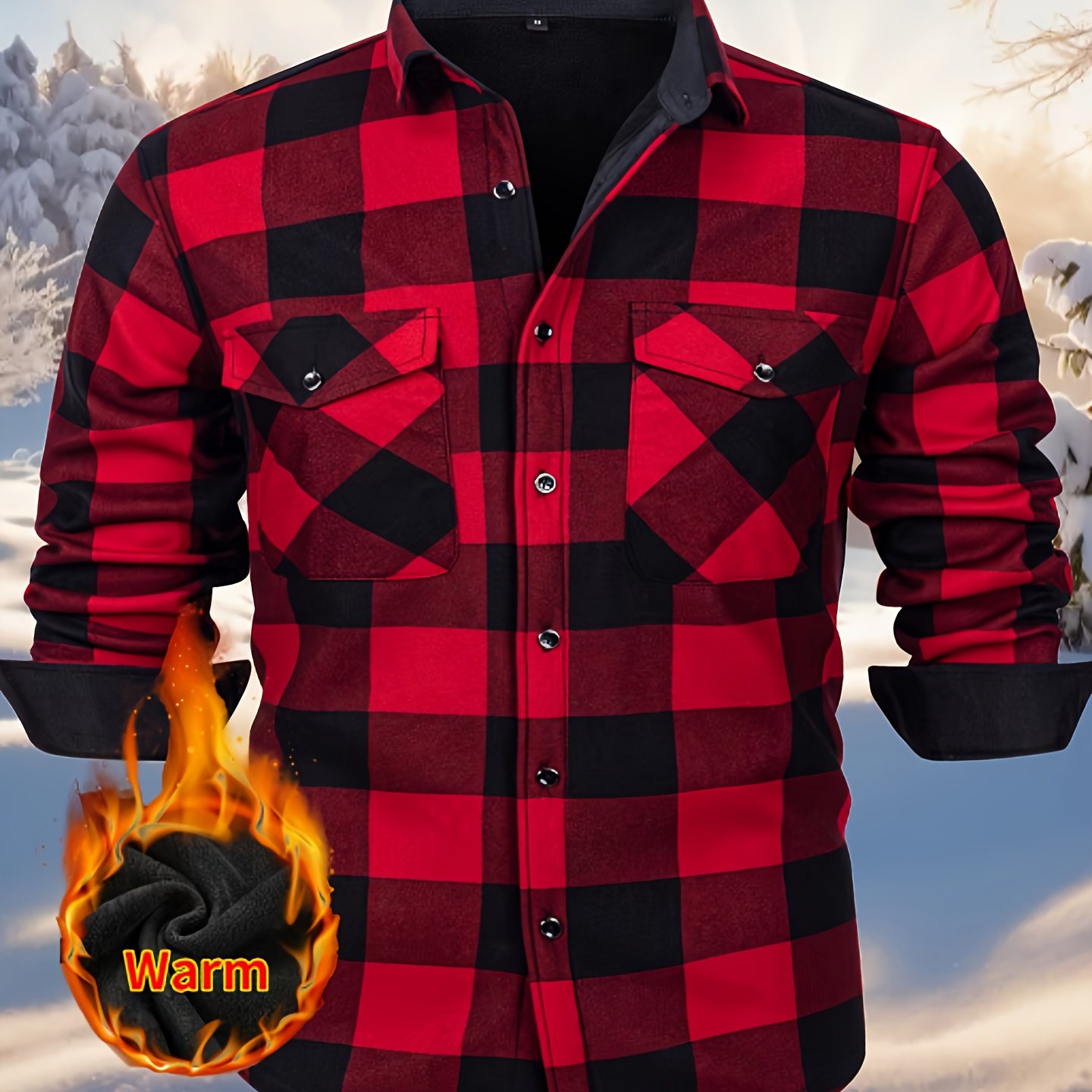 TEMU 2025 Winter Fleece Thick Shirt Men's Warm Flannel Jacket Men's Autumn Winter Fleece-lined Top