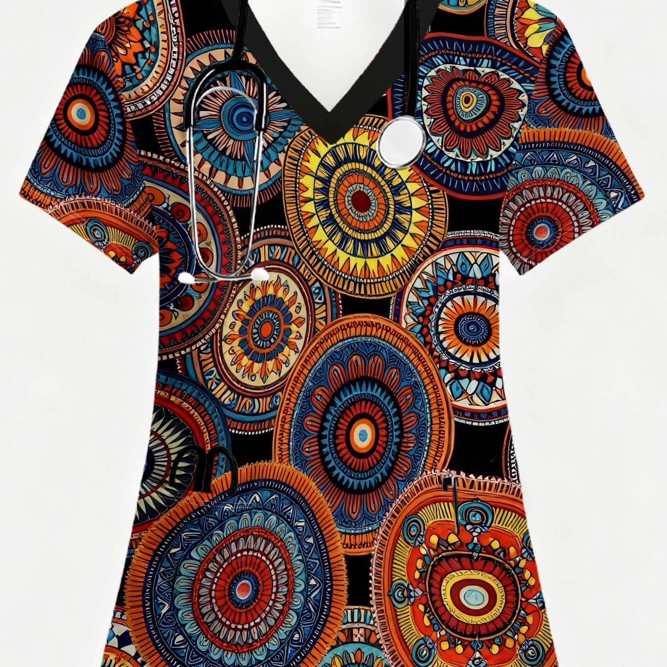 TEMU Plus Size - Plus Size - Plus Size Women's Nurse Uniform, Print Design On A White Background, Featuring 2 Pockets And A V-neck, Decorated With