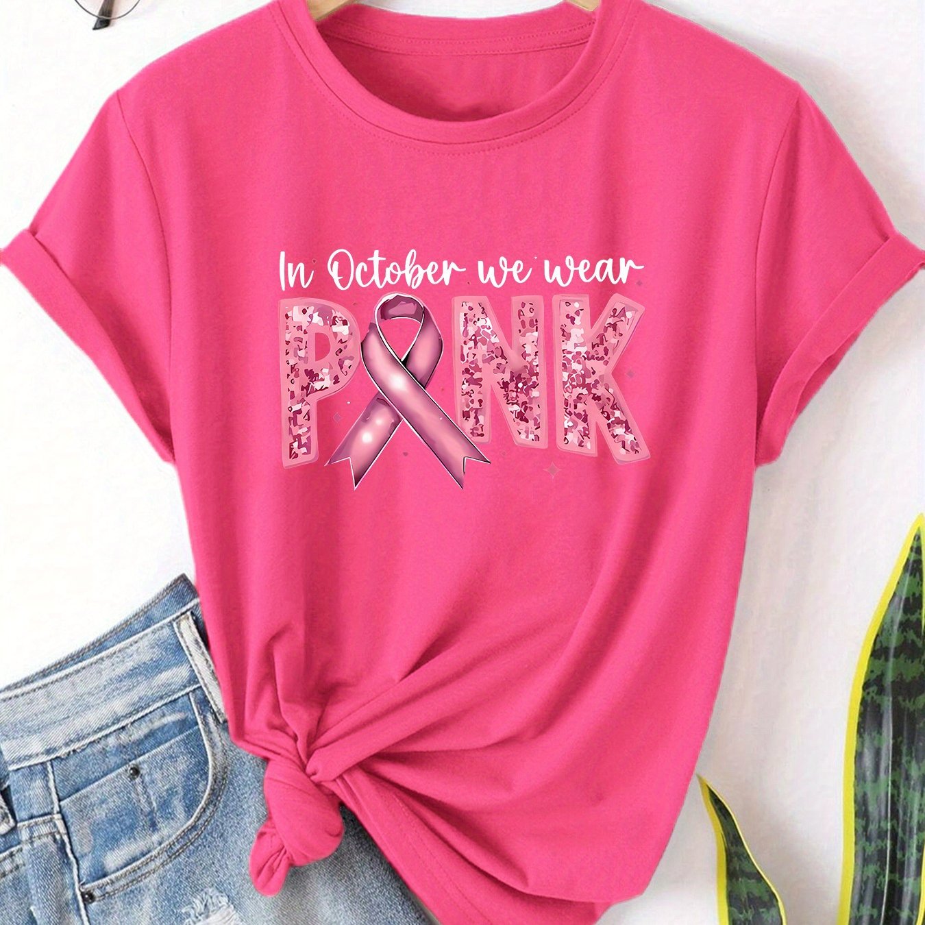 TEMU Women's Pink Breast Awareness T-shirt - October We Wear Pink Slogan & Ribbon Design, Soft Round Neck Short Sleeve Casual Top For Charity , &