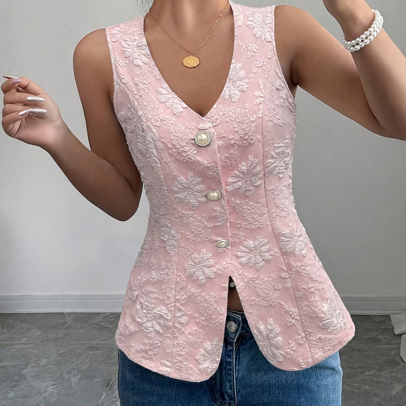 TEMU Camicia Donna Senza Maniche in Jacquard con Bottoni a Perla, Scollo Vita Aderente, Design Bodycon, Unico