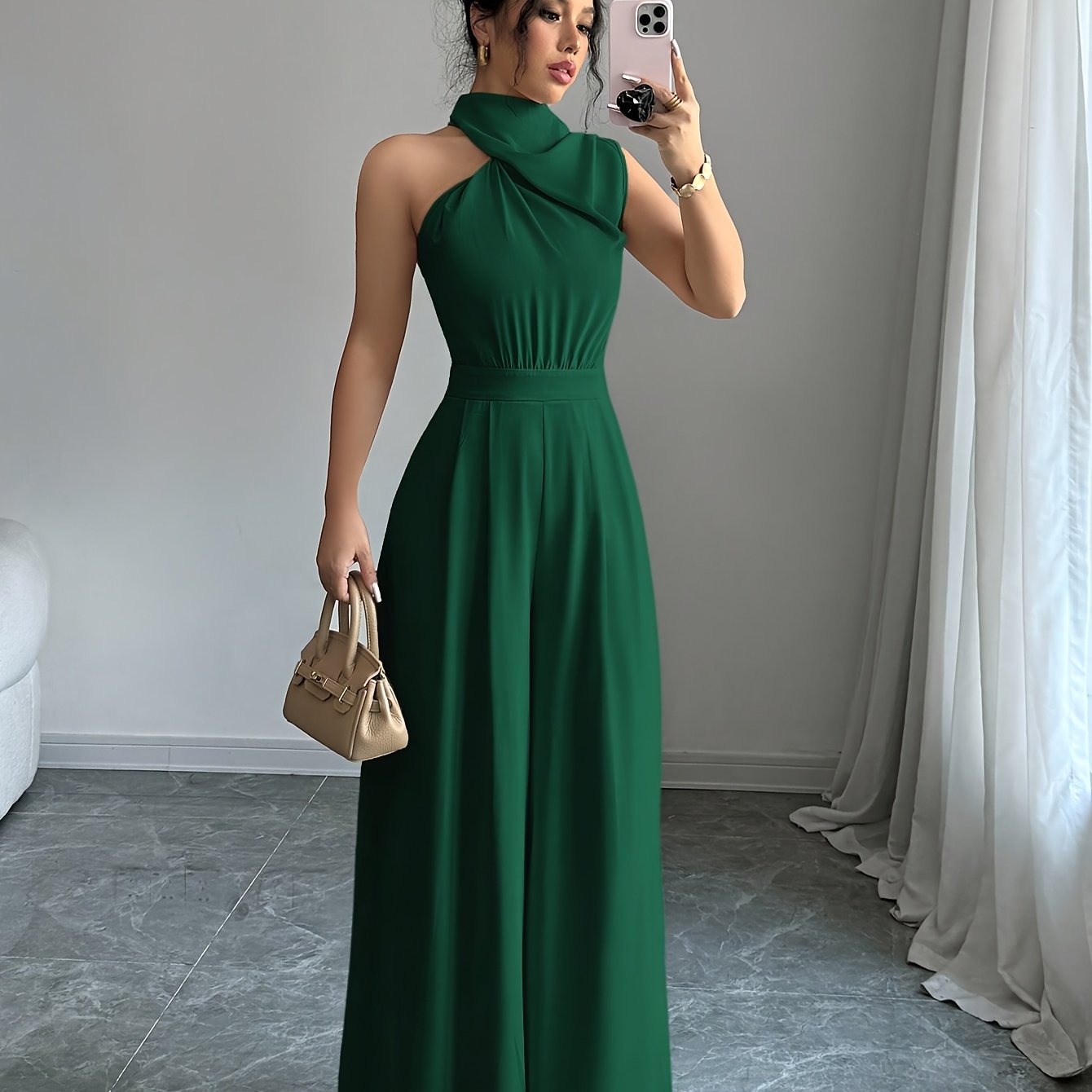 TEMU Women's High-neck Sleeveless Wide-leg Jumpsuit, Elegant Single-shoulder Dress, Ball Gown