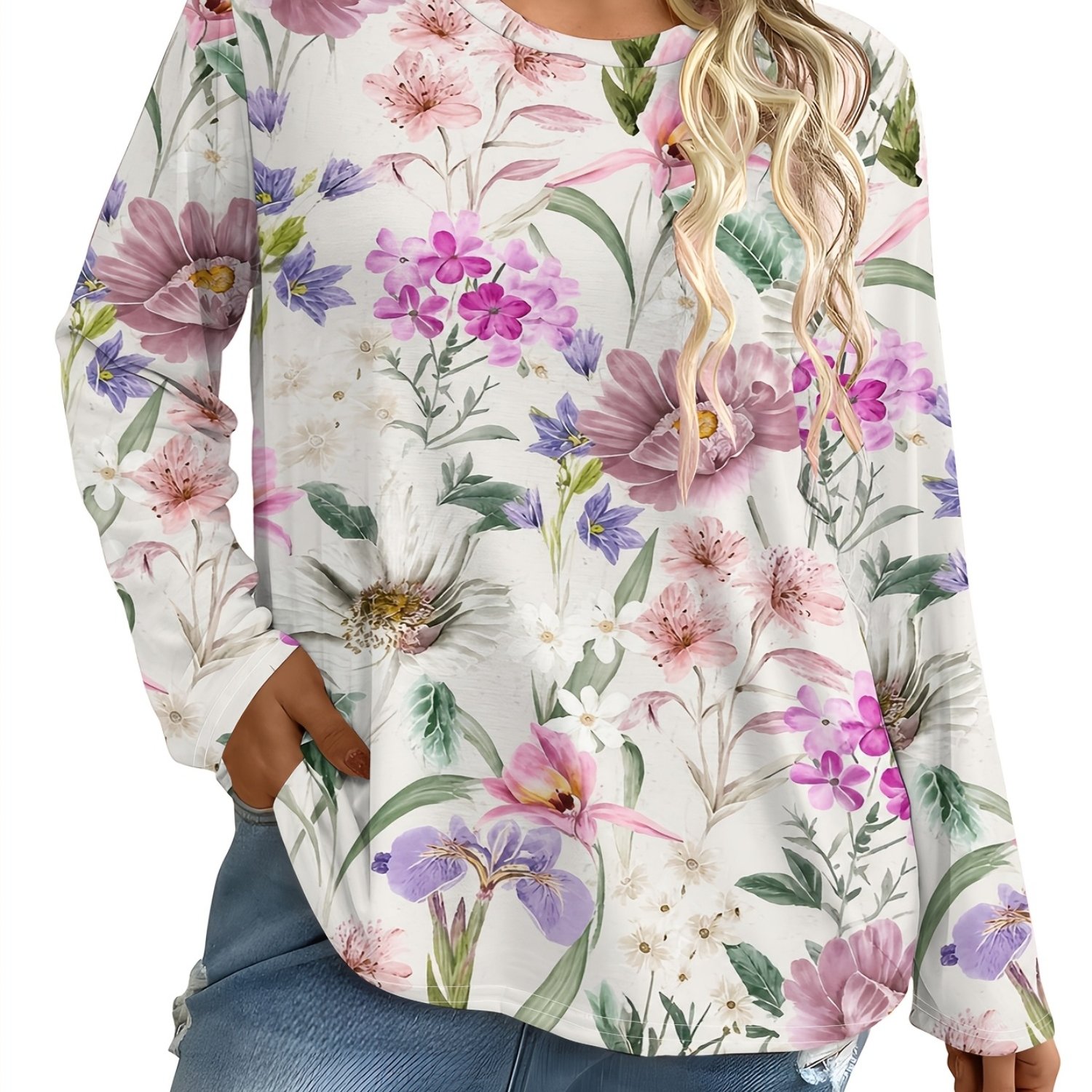 TEMU Plus Size - Plus Size - Elegant Style Small Floral Pattern Large Floral Print Sense Autumn Winter New Fashion Versatile Trendy Women's Top