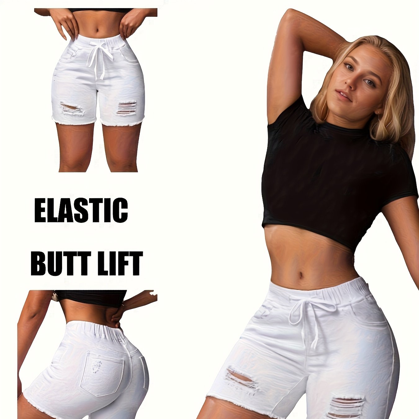 TEMU Women's Distressed Denim Shorts With High-waisted Slim Fit & Frayed Hem - Stretch Jeans For Spring/summer, Casual To Dressy Wear, Waist-cinching