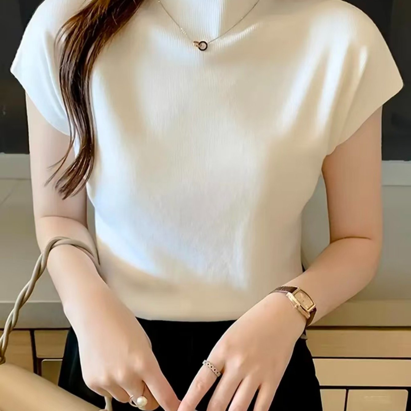 TEMU Haut d'automne automne demi-col montant manches moulant gilet pull vêtement d'extérieur femme haut manches courtes t-shirt couche intérieure
