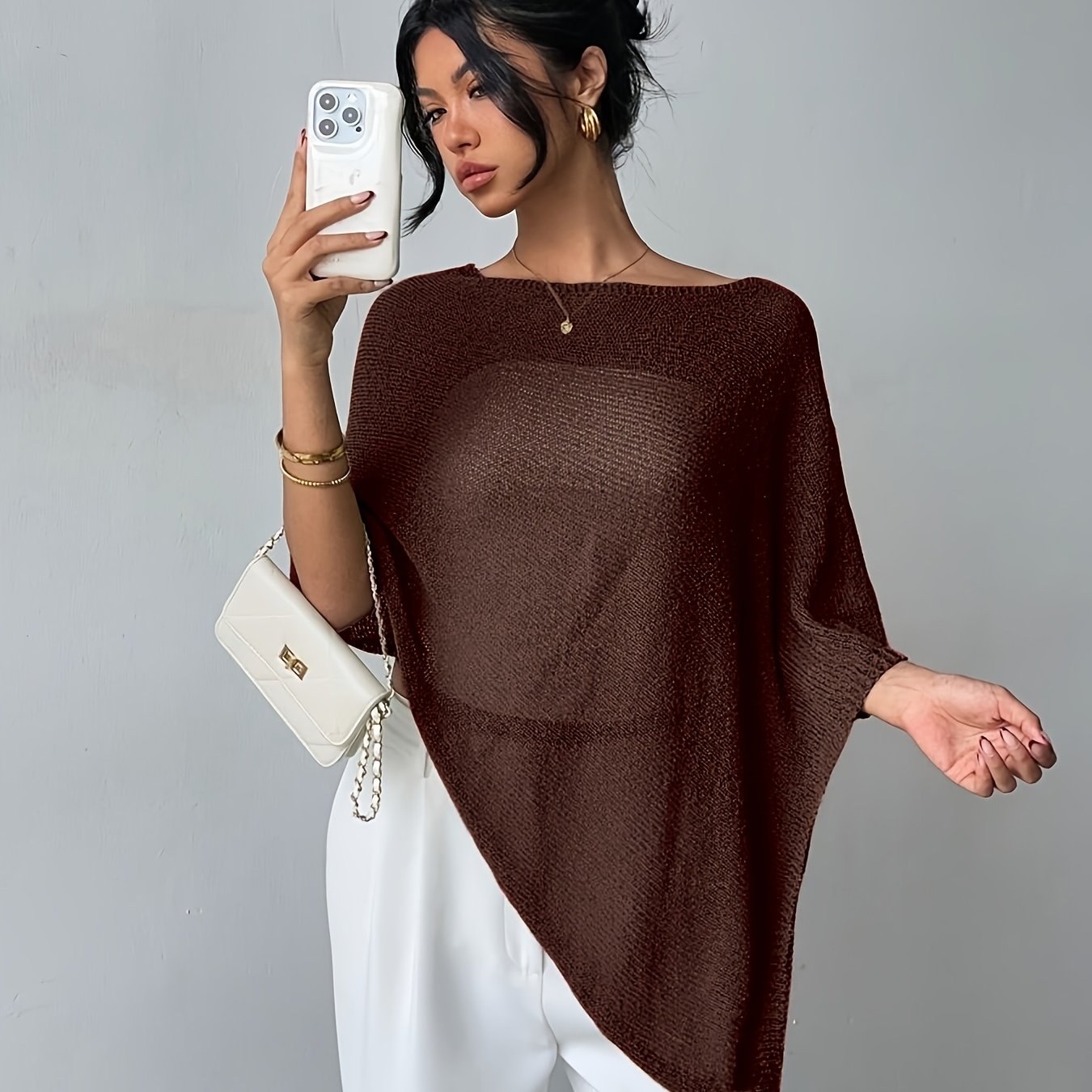 TEMU Women's Fall Winter Style Sweater, Irregular Shawl Loose , Elegant Casual Work Layering Knitwear Outerwear