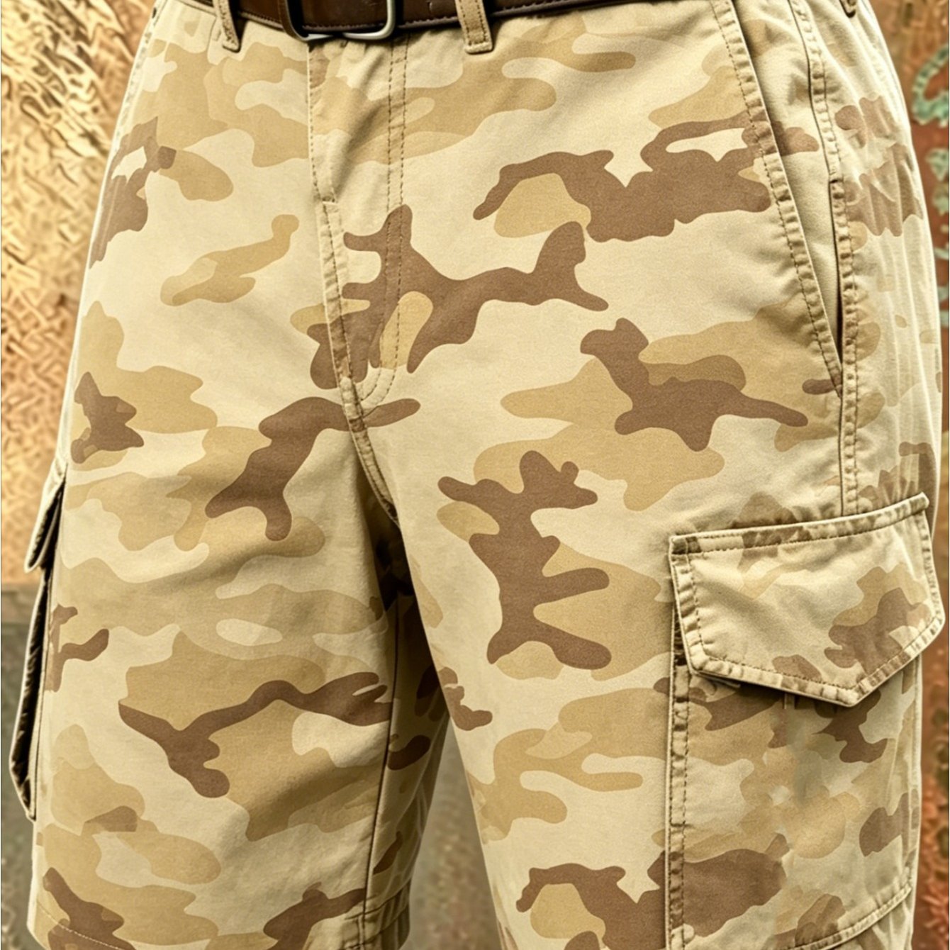Image of 1pc Men's Desert Camo Print Cargo Shorts, Multi-pocket Casual Work Shorts With Sand Camouflage Pattern, Breathable Fabric For Outdoor Hiking, Hunting And Streetwear