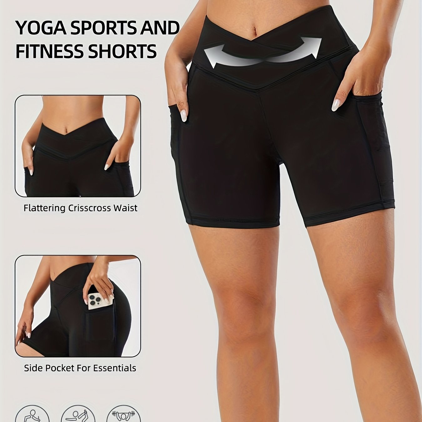 TEMU Women's -lifting Yoga Shorts With Pockets - High Waisted Tummy Control, Quick Dry & High Elastic For Training, Running, Cycling