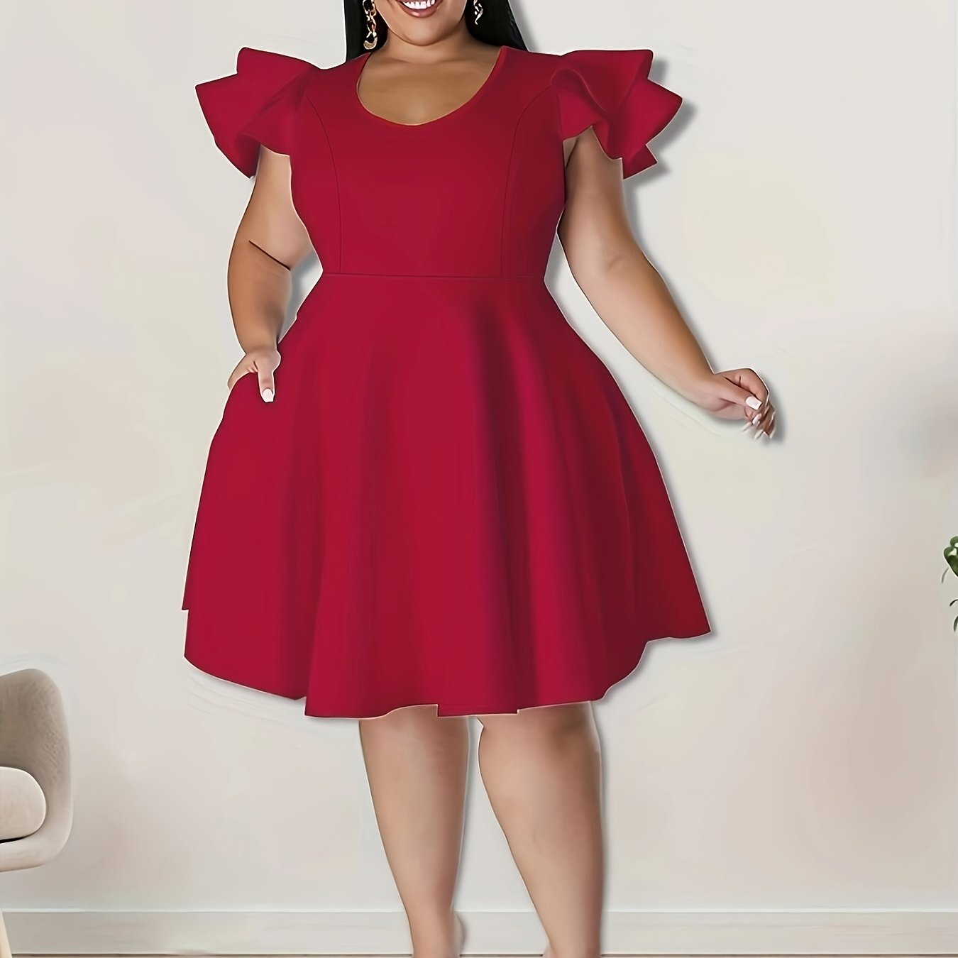 kpoplk Plus Size Dresses for Women,Women's Wedding Guest Dress Ruffle  Dresses Cap Sleeve Fit and Flare A Line Dress with Pocket(Red,S) 
