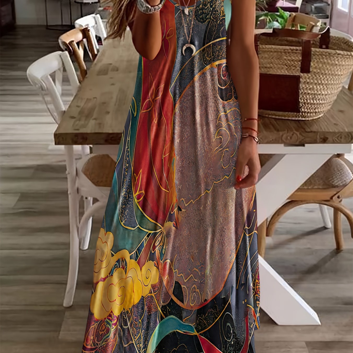 Cloud Print Short Sleeve Maxi Dress