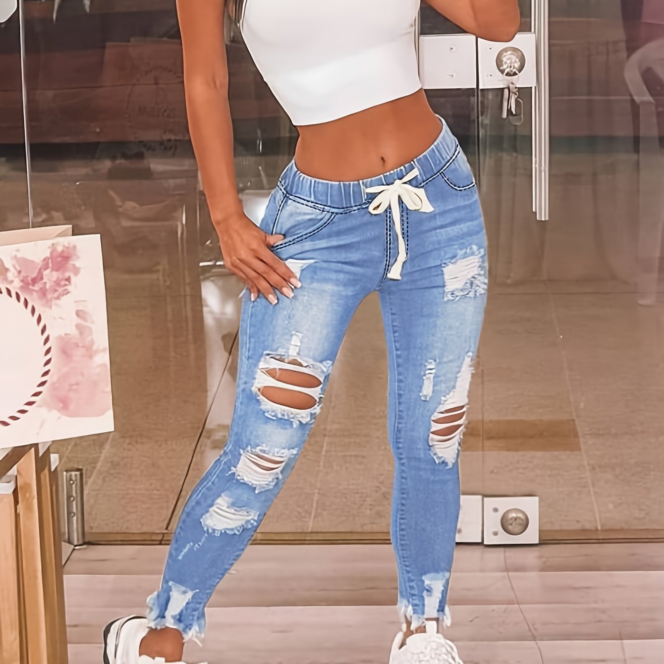 Image of European And N Style Women Waist Belt Holes Slim Jeans Street Style Stretch Denim Slim Style