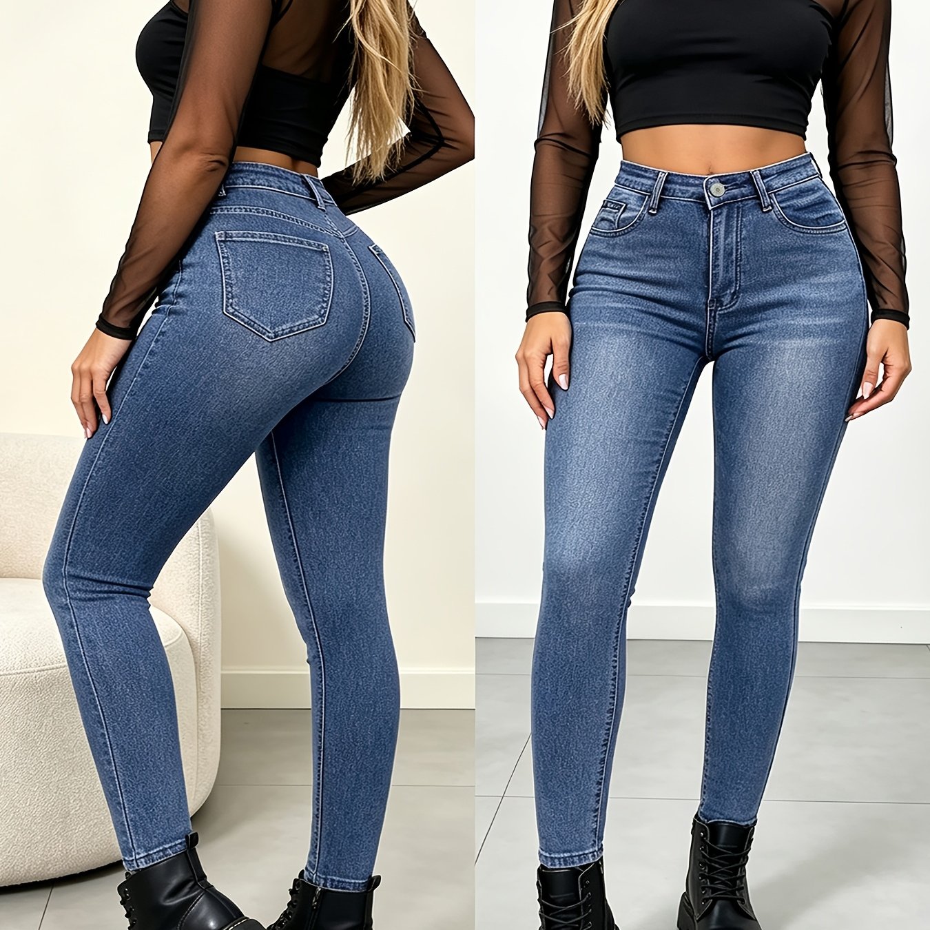 Women&;s High-waisted Skinny Jeans In Vintage Blue - Stretch Denim With Slash Pockets, Slim Fit, Elegant & Comfortable For , Wear | Sleek Skinny Fit | Jeans Denim Jeans