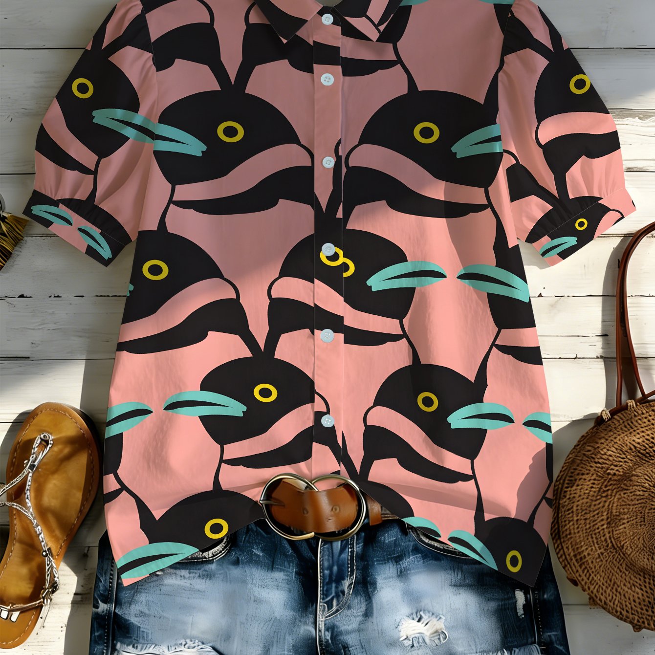 TEMU 1 Camiseta de Manga Corta con Estampado de Pájaro Negro, Ideal para Playa, Viajes, Salidas Casuales, , Festivales, Uso Diario, Tejido , Diseño