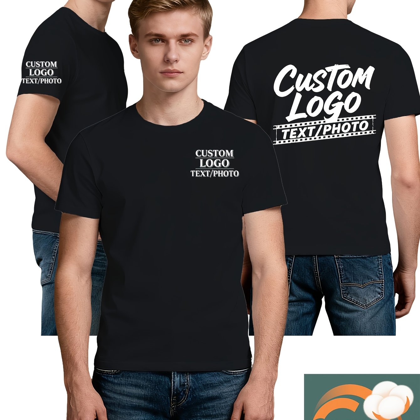 Image of Men's Pure Cotton T-shirt, Personalized Short Sleeve, 100% Cotton, Seamless Label Design, Customize Your Own Design, 3-position Print T-shirt, Recommended For Summer , Recommended As A Gift