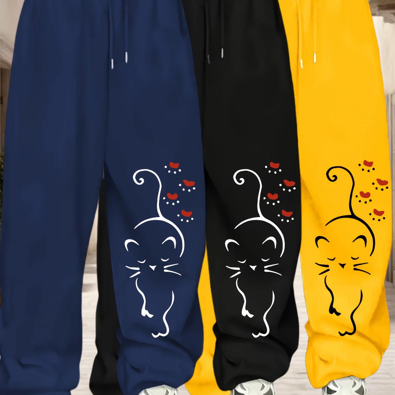 TEMU Set Of 3 Plus-size Women's Sports Sweatpants With Large Prints, Featuring Pockets And Drawstrings, Loose Straight-leg Design, Perfect For Casual