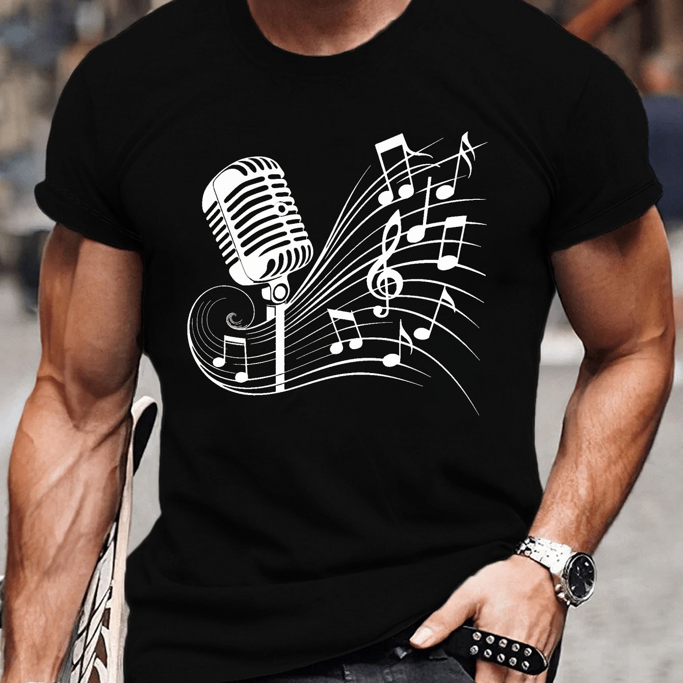 TEMU Vintage Music Microphone Graphic Tee For Men - Casual Short Sleeve, Breathable Polyester, Machine Washable - Fashion