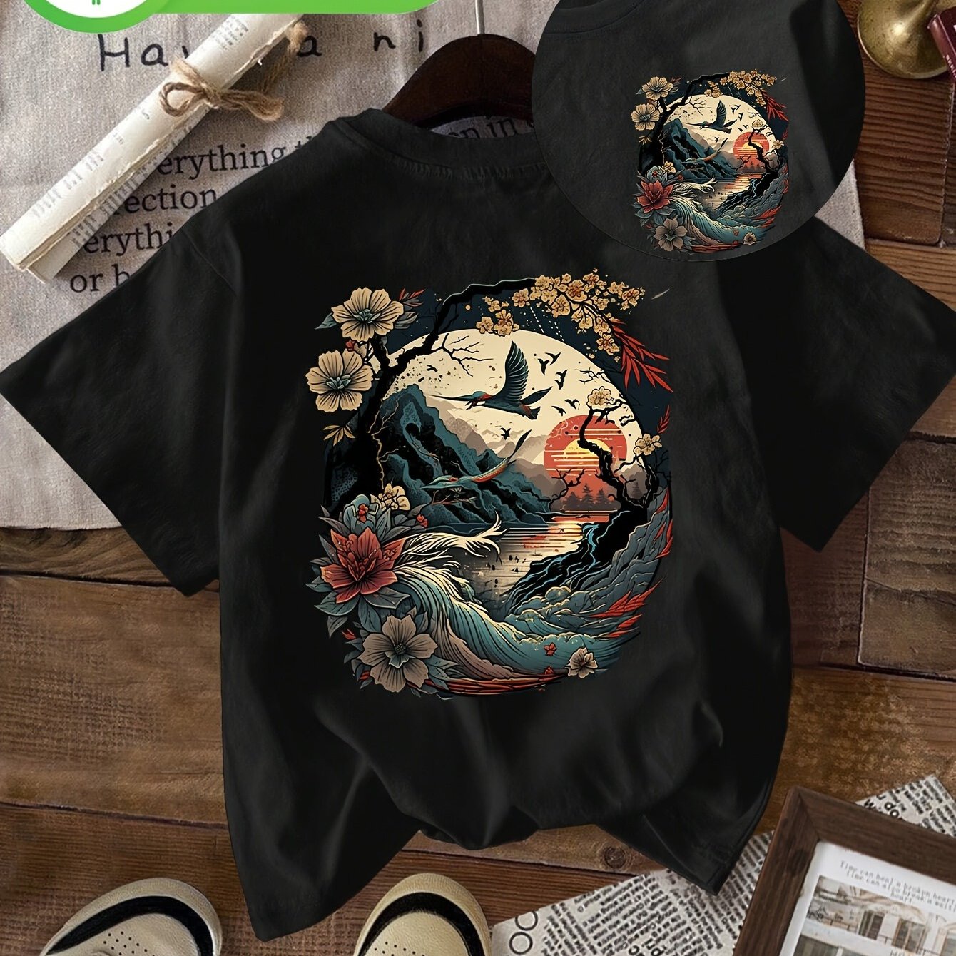 Image of Women's Vintage Japanese Cherry And Sunset Print T-shirt - Short Sleeve Crew Neck Casual Top, Relaxed Fit For Spring And Summer, Artistic Clothing, Durable Casualwear