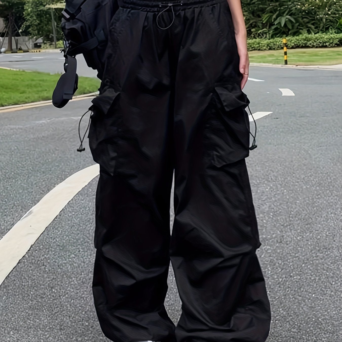 Y2k Low Waist Parachute Cargo Pants Solid Drawstring Baggy - Temu Canada