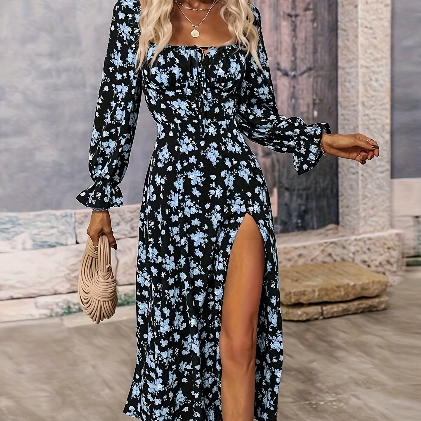 E-shop Frühlingsneues europäisch-amerikanisches Mode-Blumenmuster Langarm Rückenfreies Schlitzkleid Damen