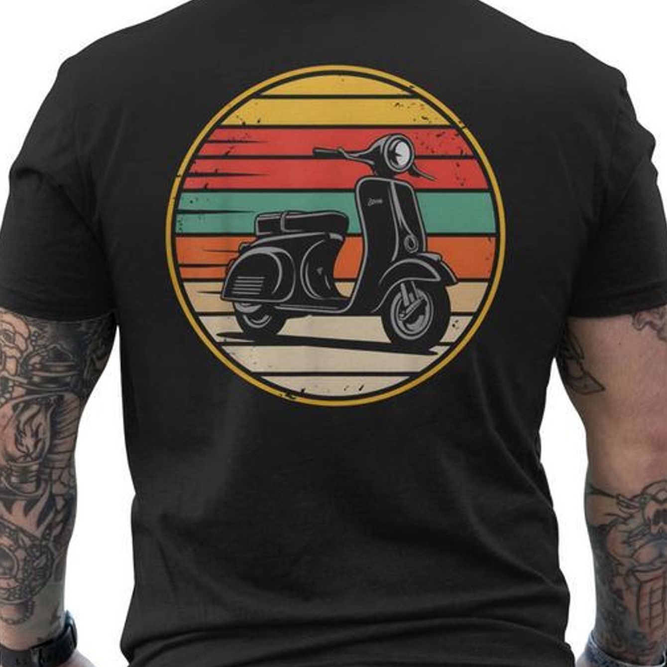 Image of Men's T-shirt Featuring A Retro Graphic Of A Scooter Rider Against A Sunset - Casual Fashion Top For Men - Crew Neck Design - Made From Comfortable And Breathable Material - Short-sleeved Style