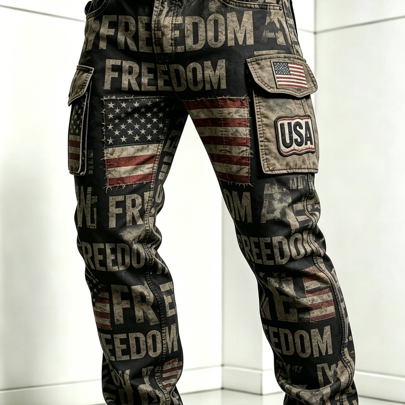 Image of Men's Cargo Pants Vintage Usa Flag Print Casual Daily Outdoor Wear Trousers