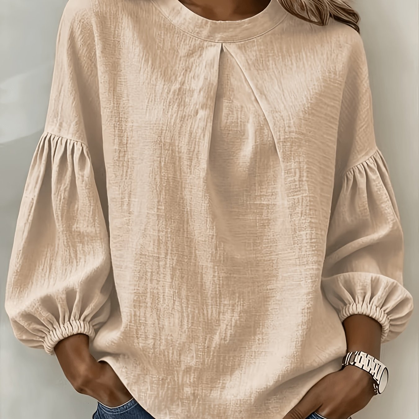 TEMU Plus Size, Plus-size Shirt, Round Neck Loose Casual Top. Plus-size Women's Textured Pleated Lantern Sleeve Shirt, Daily Casual T-shirt. Slim-fit