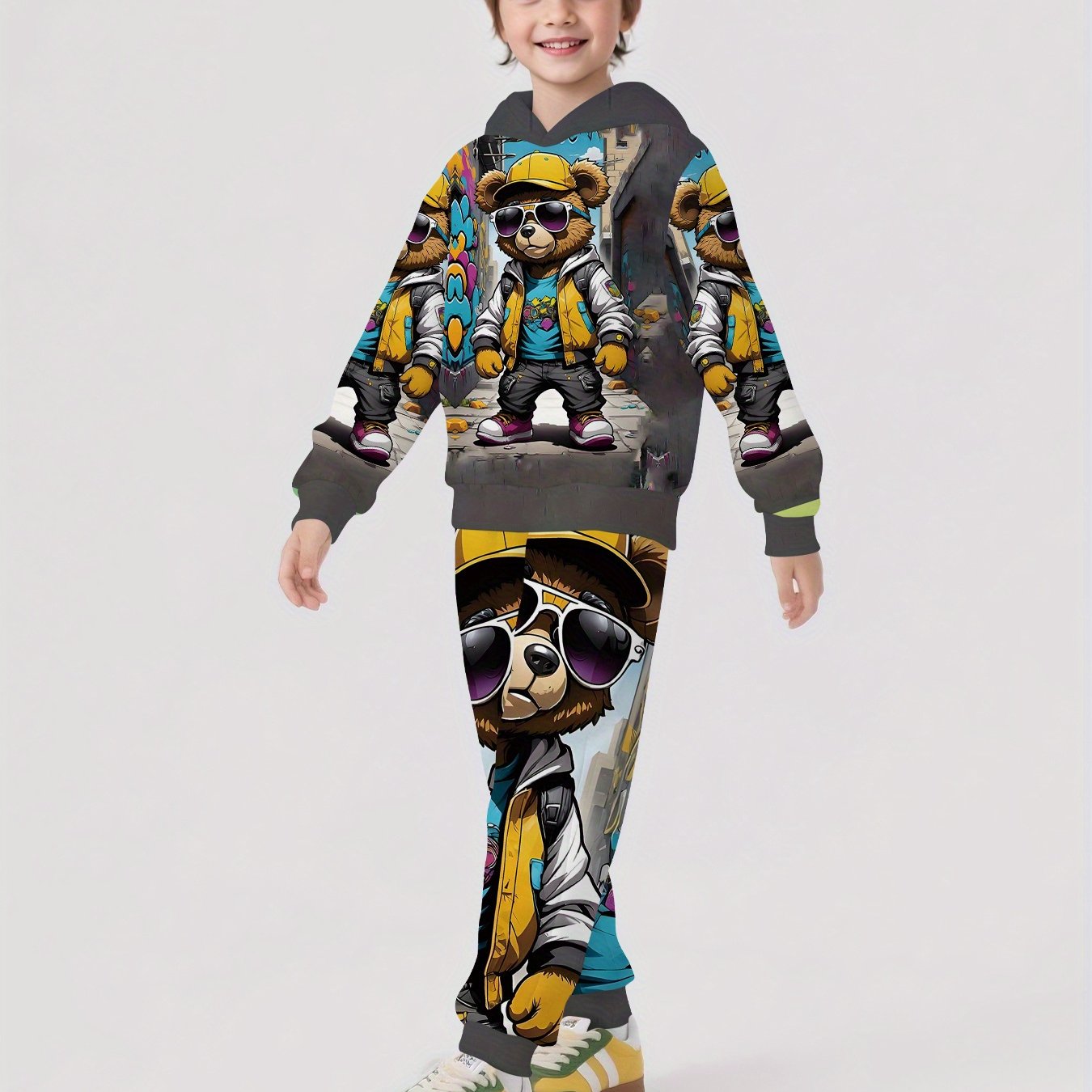 TEMU Back To 2pcs Cool Cartoon Print Hoodie Set For Boys, A Stylish And Trendy Casual Sports Outfit For Autumn And Winter, Perfect For Holiday And