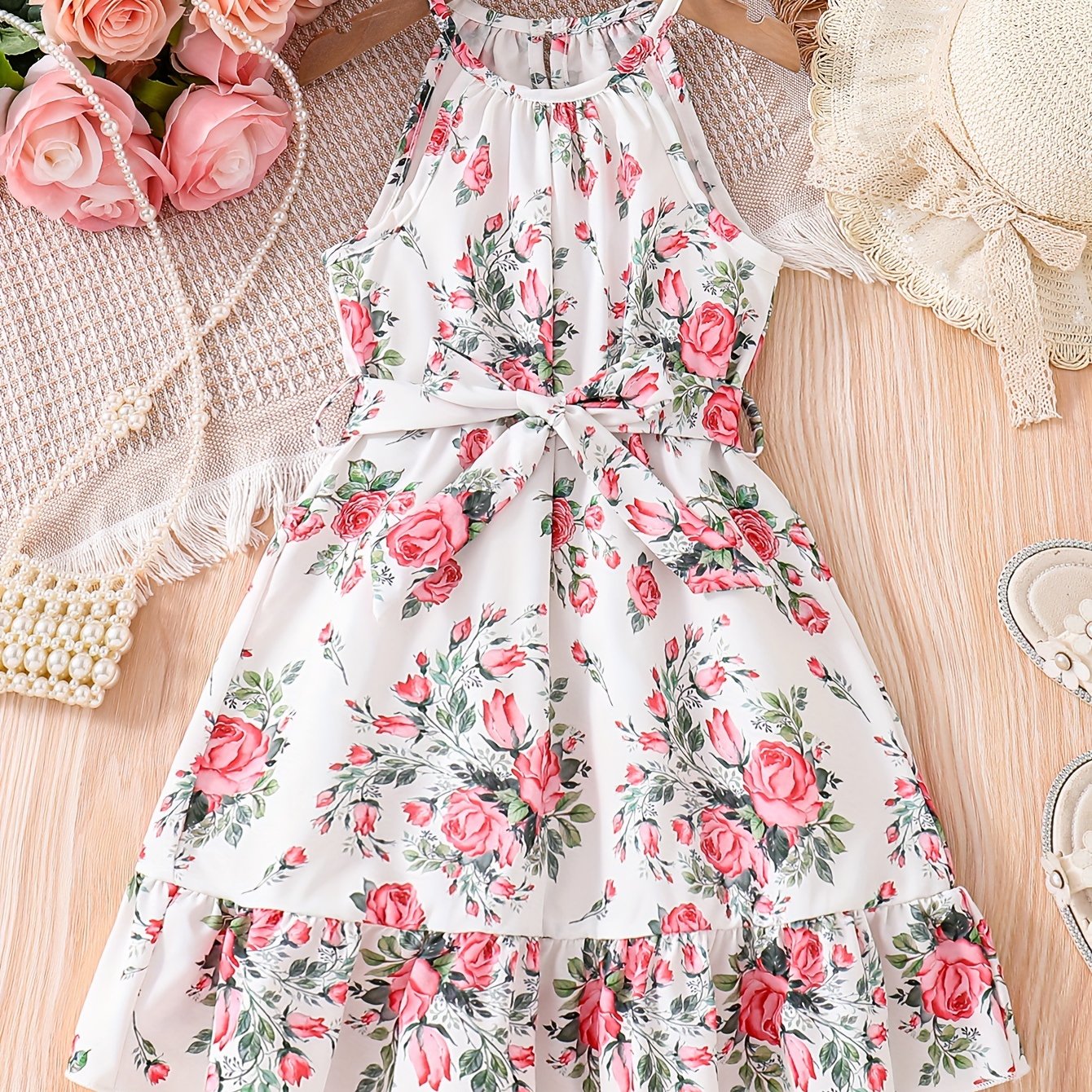 Image of Girls' Summer Pattern Halter Neck Sleeveless Tiered Hem With Belt Casual Vacation Dress (bust Stretch)