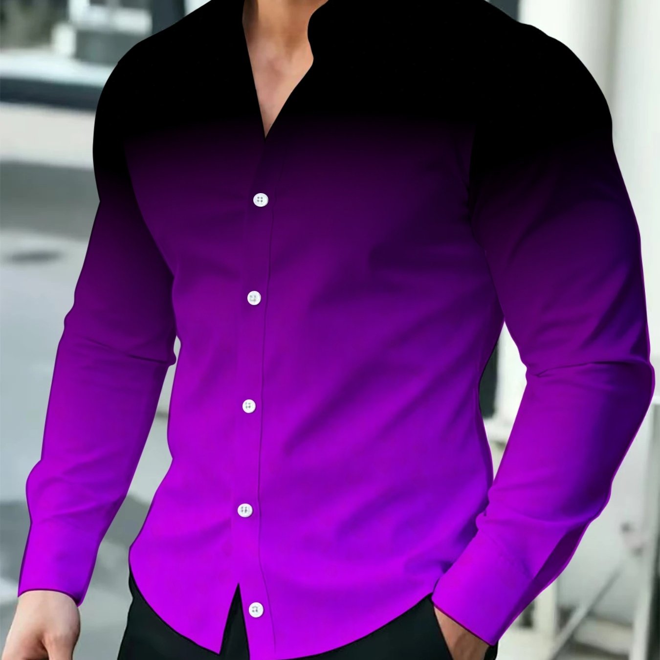 TEMU [printed Design - Not Textured] Men's Full-print Gradient Ombre Lapel Long-sleeve Shirt, A Versatile Daily Casual Top, A Perfect Gift