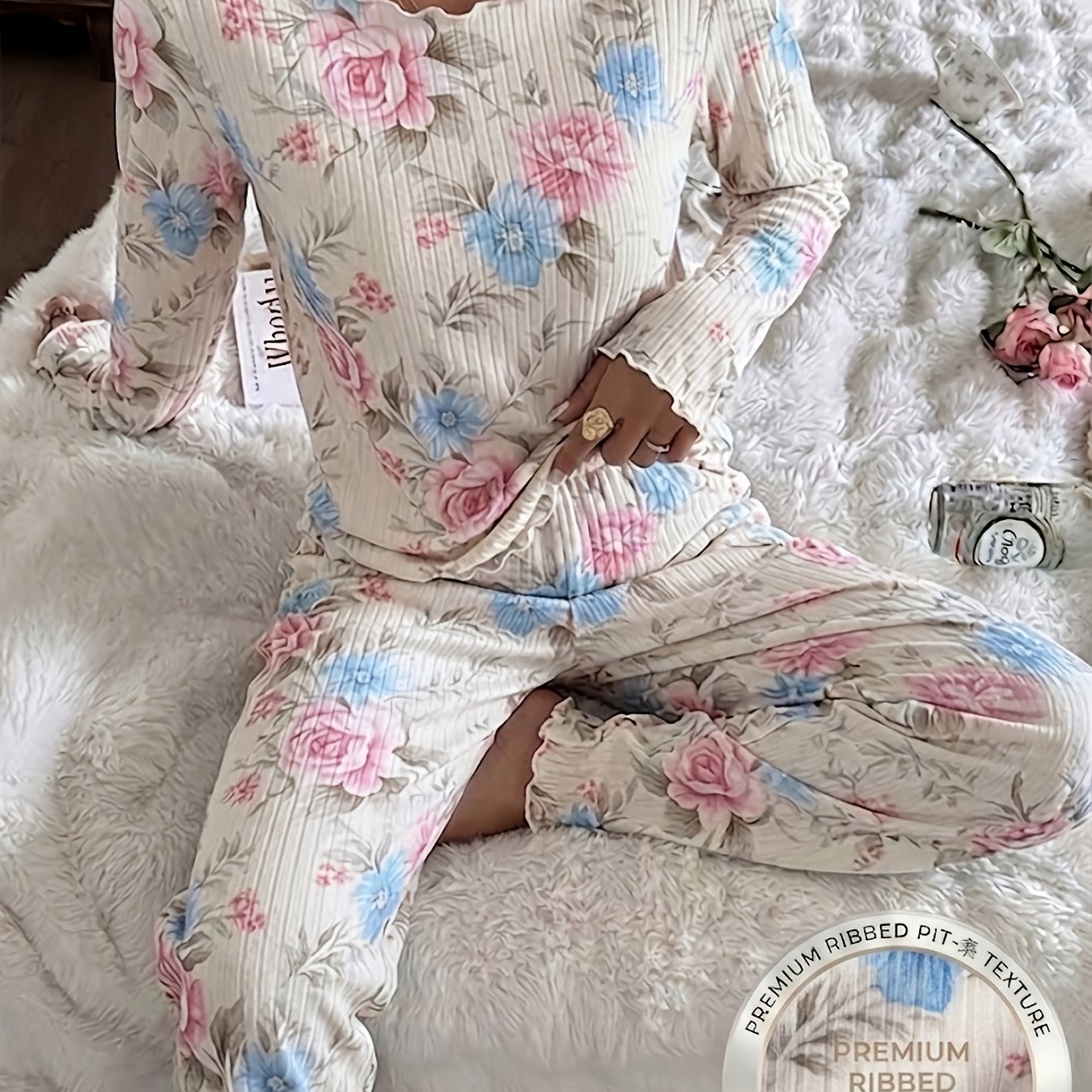 TEMU 2-delige damespyjama voor herfst en winter, met bloemenprint, shirt met ronde hals en lange mouwen, casual broek met zachte elastische